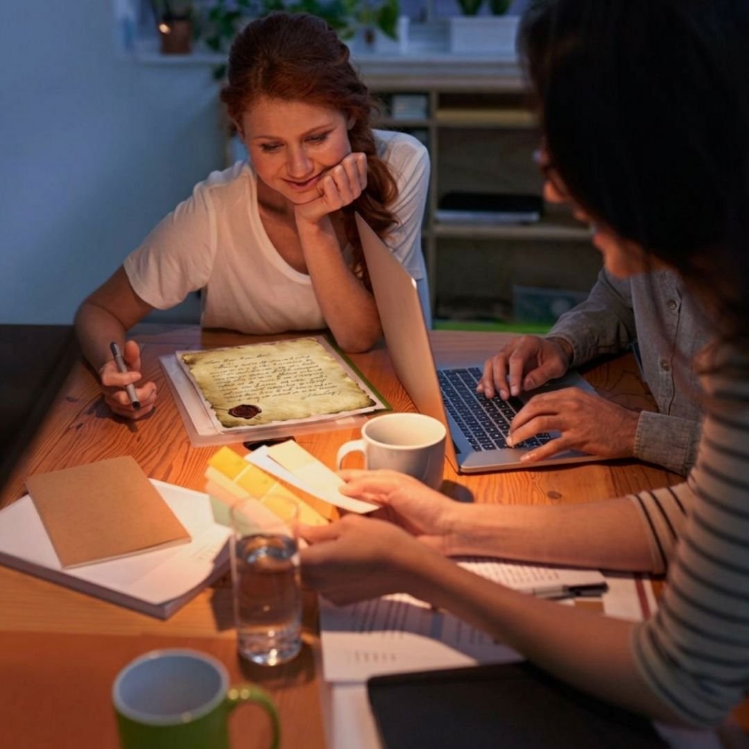 A creative team working around a wooden table lit by warm light, reviewing color swatches, working on laptops, and admiring an ancient-looking letter with a wax seal.
